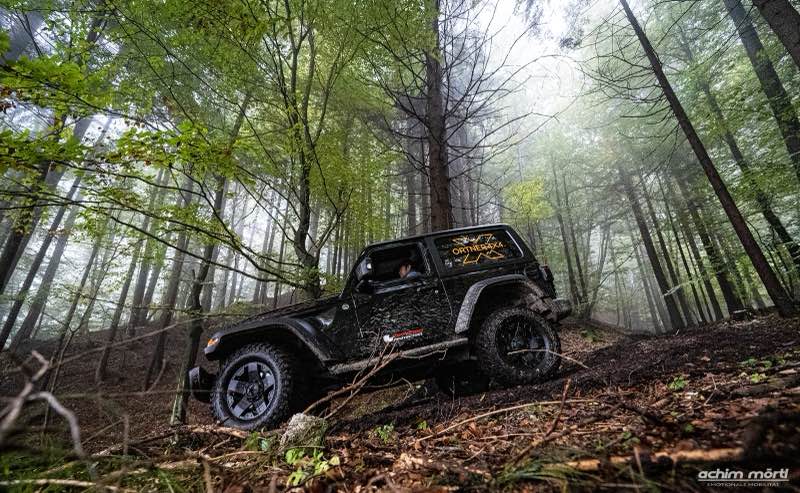 Ein schwarzer Jeep Wrangler mit Ortner-4x4-Beschriftung im nebligen Buchenwald, schlammbedeckt, auf abschüssigem Waldboden